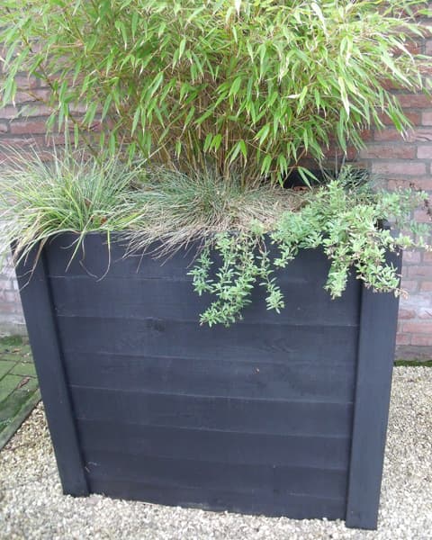 Zwarte houten plantenbak met siergrassen en kruiden