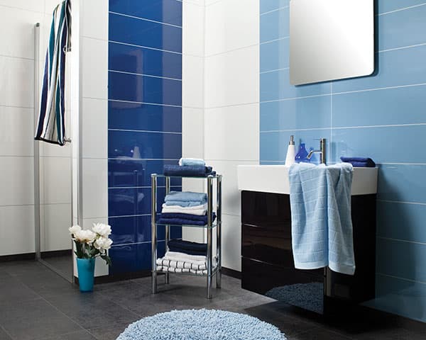 Badkamer met blauwe wandpanelen, een zwart wastafelmeubel en een spiegel